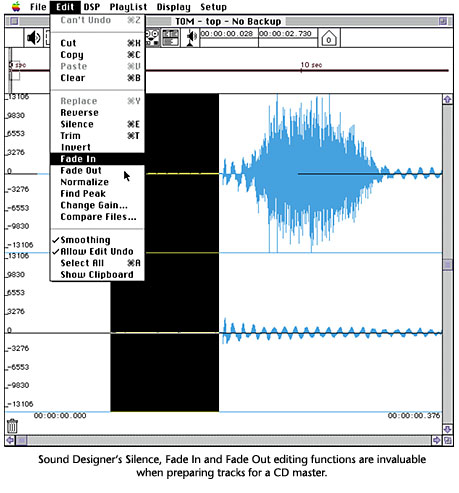 Sound Designer's Silence, Fade In and Fade Out editing functions are invaluable when preparing tracks for a CD master.