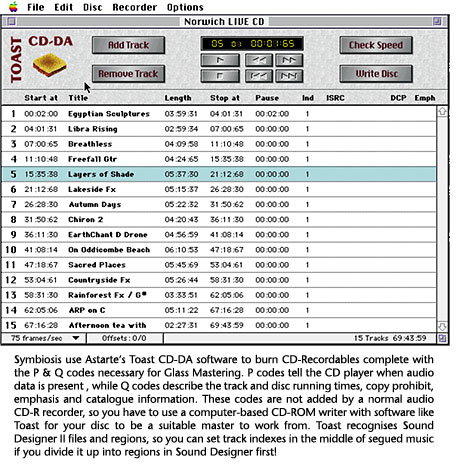 Symbiosis use Astarte's Toast CD-DA software to burn CD-Recordables complete with the P & Q codes necessary for Glass Mastering. P codes tell the CD player when audio data is present , while Q codes describe the track and disc running times, copy prohibit, emphasis and catalogue information. These codes are not added by a normal audio CD-R recorder, so you have to use a computer-based CD-ROM writer with software like Toast for your disc to be a suitable master to work from. Toast recognises Sound Designer II files and regions, so you can set track indexes in the middle of segued music if you divide it up into regions in Sound Designer first!